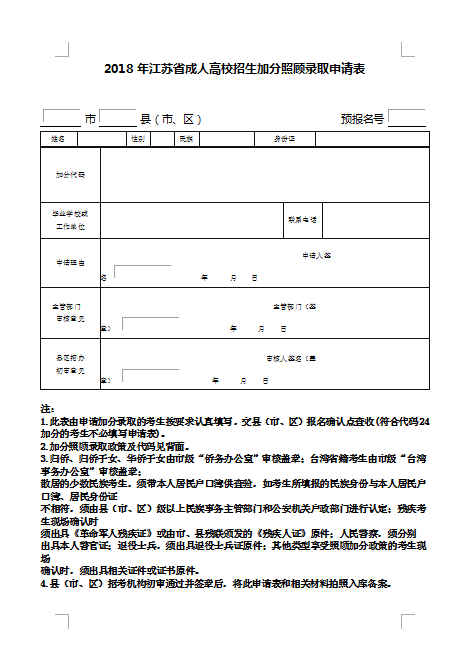 2018年江苏省成人高校招生加分照顾录取申请表