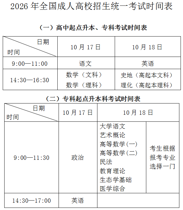 2026年福建成考考试时间表?